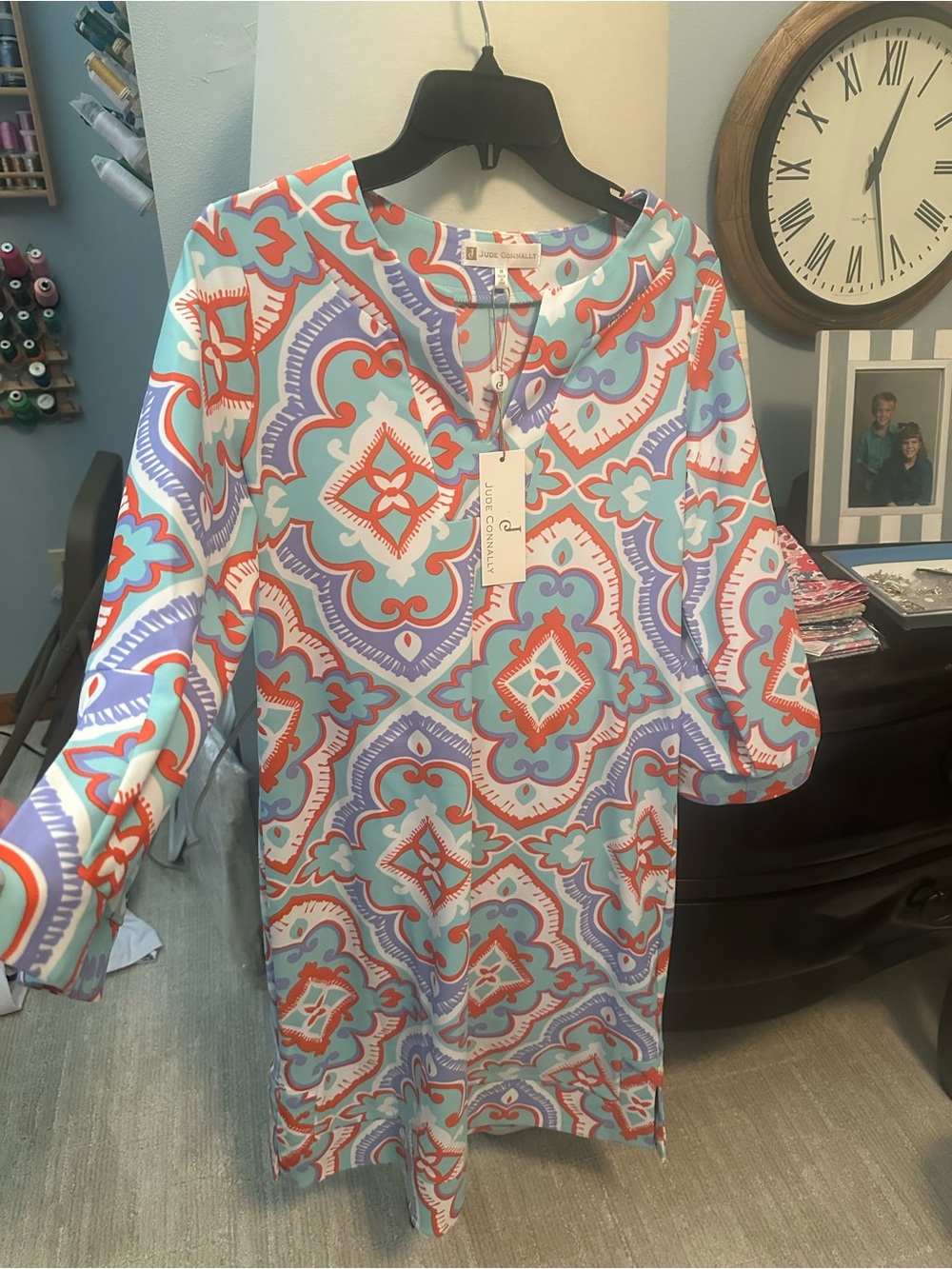 Tile-Print Long Sleeve Shift Dress in Aqua & Coral